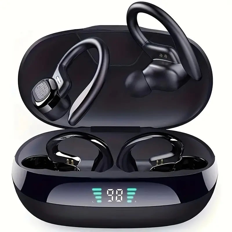 Stereo Wireless Earbuds With Mic, Headphones With Noise Cancelling Mic, Sport Ear-hook Headset, Phone Ear Headphones With LED Display Charing Case, Wireless Running Sports Earbuds