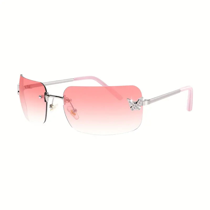 Rectangle Rimless Sunglasses For Women Butterfly Decor Gradient Fashion Sun Shades For Beach Party Travel