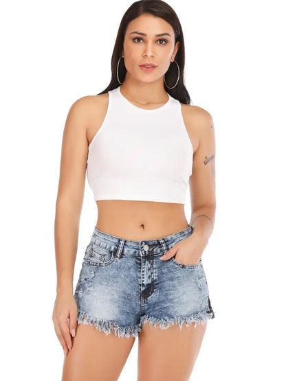 Ripped Raw Hem Side Split Denim Shorts, High Stretch Bright Steel Blue Sext Summer Denim Shorts, Women's Denim Jeans & Clothing