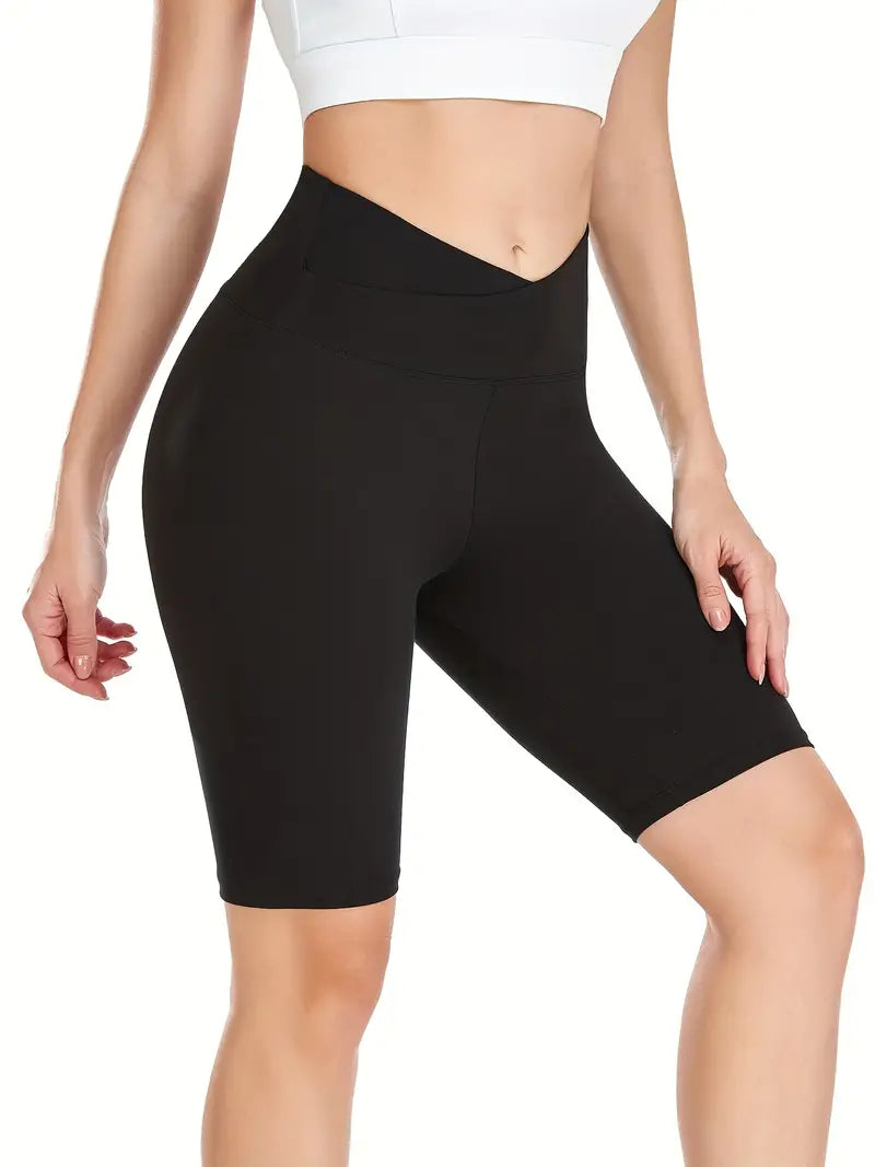 Women's Activewear: Crossover Waist Solid Biker Shorts for Comfort and Style During Workouts and Yoga!