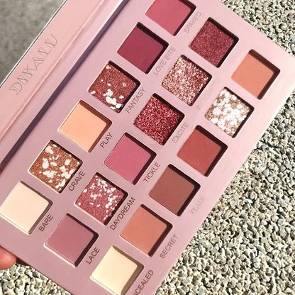 Glamorous Allure of 18 Mix Colors: Gentle Eyeshadow Palette with Golden Pearly Shimmer, Matte, Metal, and Satin Finishes, Sulfate Free, Featuring Pink to Red Shades with Mirror Included