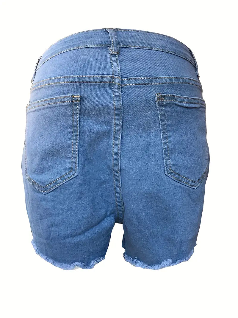 Short en denim bleu à ourlet brut, pantalon en denim court à poches obliques taille haute coupe slim, jeans et vêtements en denim pour femmes 