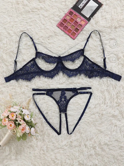 Chain Eyelash Lace Sexy Lingerie Set, Hollow Sexy Underwire Bra & Panty, Women's Sexy Lingerie & Underwear