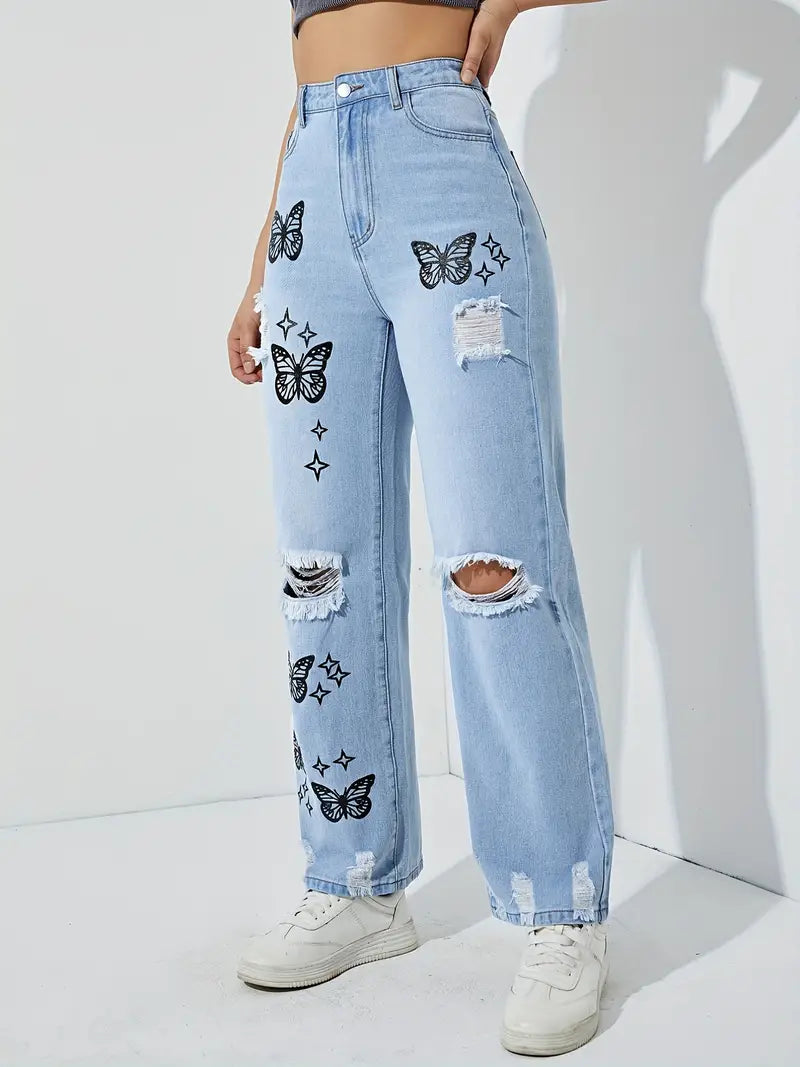 Bleach Wash Ripped Detail Butterfly Jeans, Star Print Distressed High Rise Mom Jeans, Women's Denim Jeans & Clothing