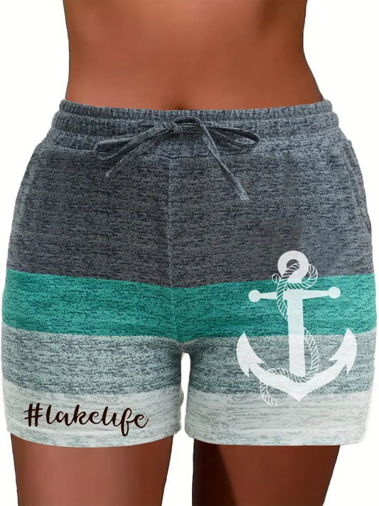 Anchor Print Colorblock Drawstring Shorts, Casual Shorts For Spring & Summer, Women's Clothing