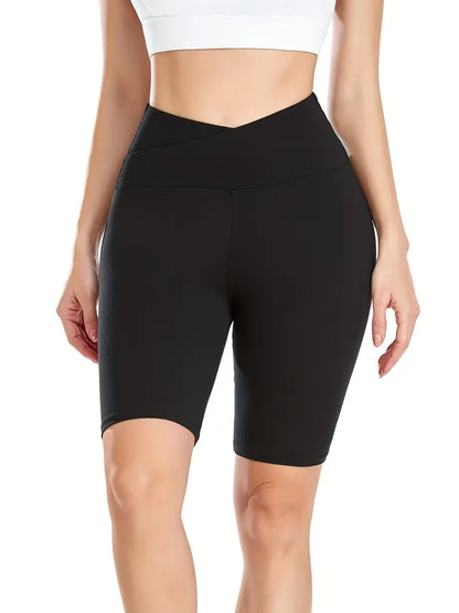 Women's Activewear: Crossover Waist Solid Biker Shorts for Comfort and Style During Workouts and Yoga!