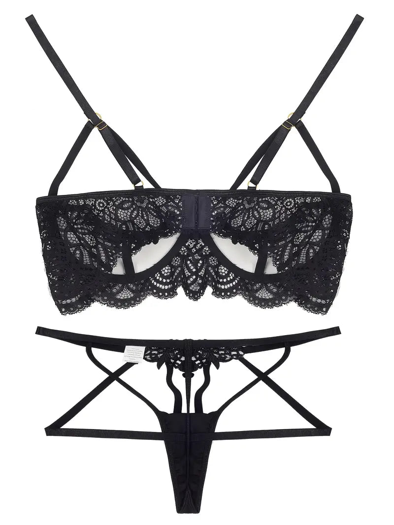 Flaunt Your Curves in This Sexy Plus Size Lingerie Set - Floral Applique Open Cup Lace Bra & Strappy Thong