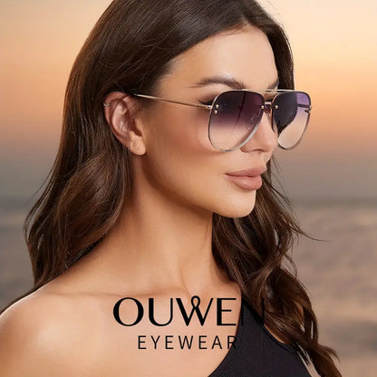 OUWEN Oversized Aviator Sunglasses For Women, Trendy Golden Frame Gradient Lens Sun Glasses 65mm 87247E