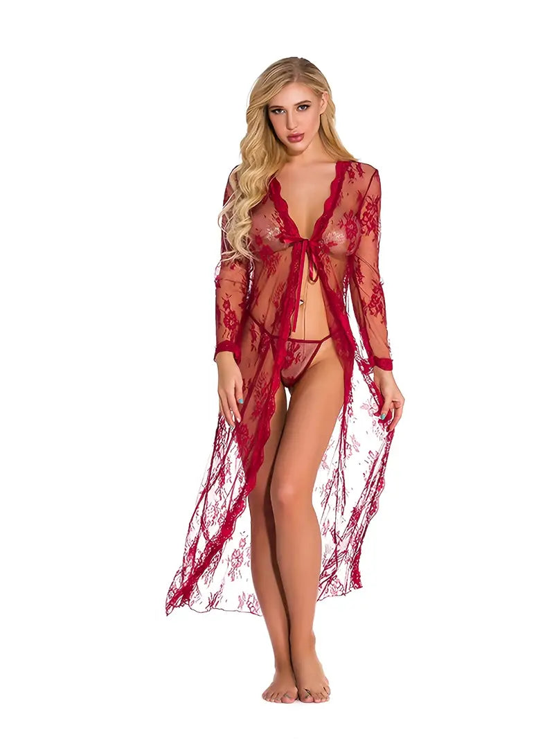 Lingerie For Women Long Lace Front Open Semi-Sheer Mesh Night Robe Sleep Lingerie