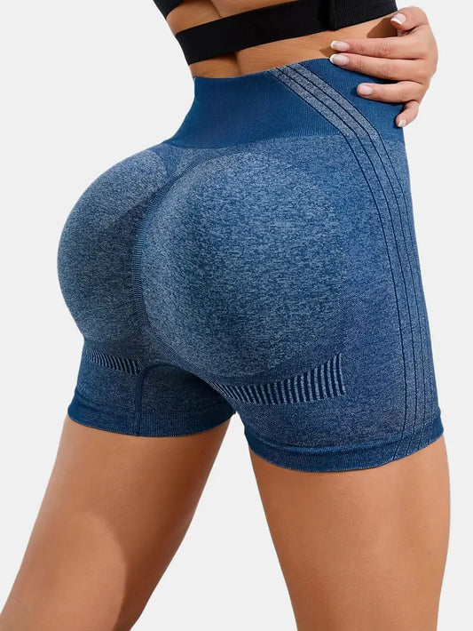 Navy Blue Side Stripe Booty Scrunch Sexy Yoga Shorts, High Waist Seamless Sports Shorts