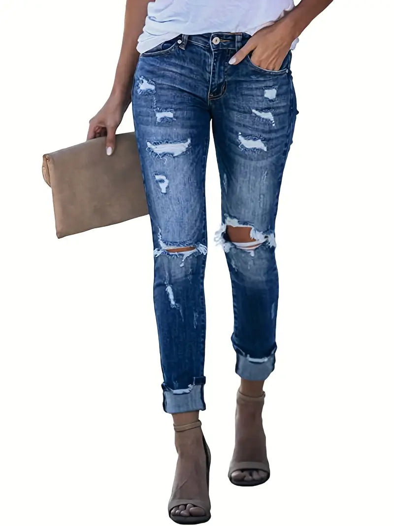 Blue Ripped Holes Straight Jeans, Slant Pockets High Stretch Casual Denim Pants, Women's Denim Jeans & Clothing