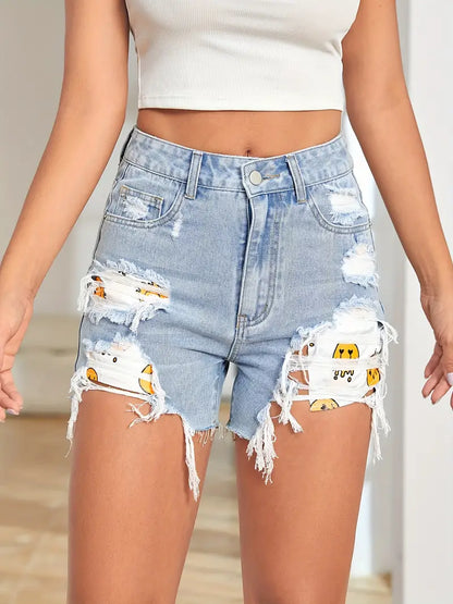 Blue Ripped Holes Denim Shorts, Expression Pattern Distressed High Waist Casual Denim Shorts, Women's Denim Jeans & Clothing