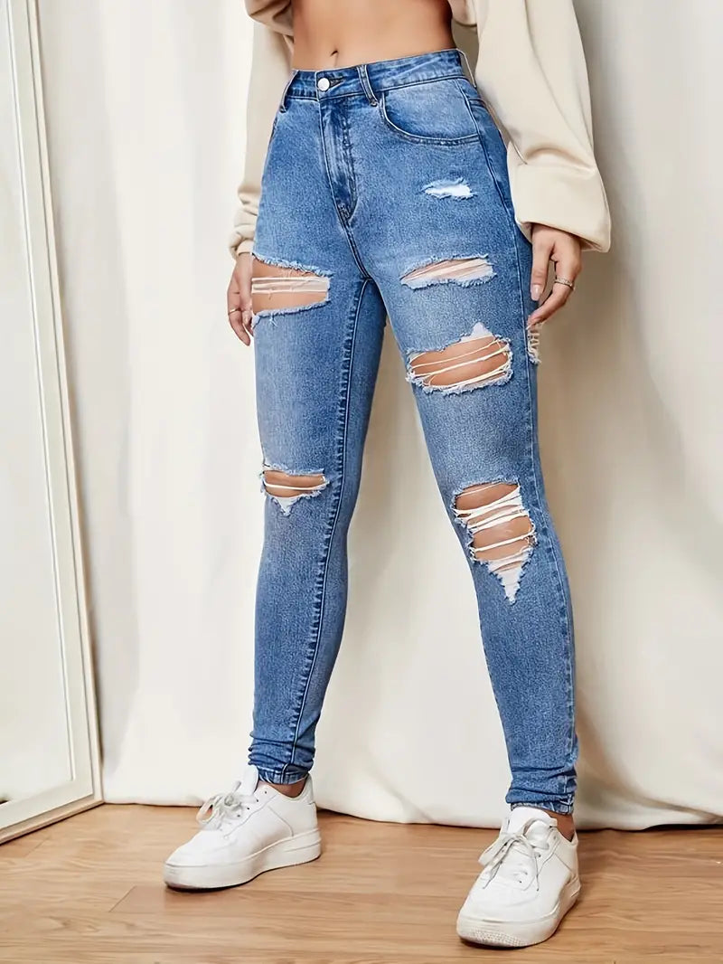 Ripped Distressed Skinny Jeans, Solid Color Washed Blue Zipper Button Closure Sexy Denim Pants, Women's Denim Jeans & Clothing