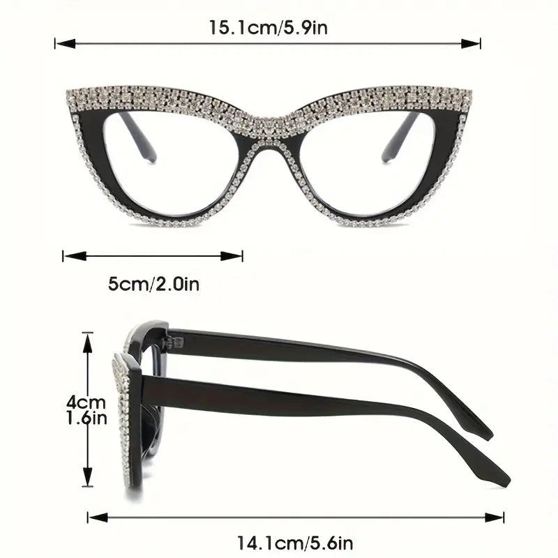 1PC Cat Eye Clear Lens Glasses Shiny Rhinestone Eyeglass Cat Eye Glasses Stylish Party Nightclub Glasses