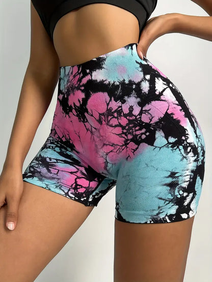 Women's High Waist Tie Dye Yoga Shorts, Butt Lifting Biker Shorts For Fitness And Sports, Women's Activewear