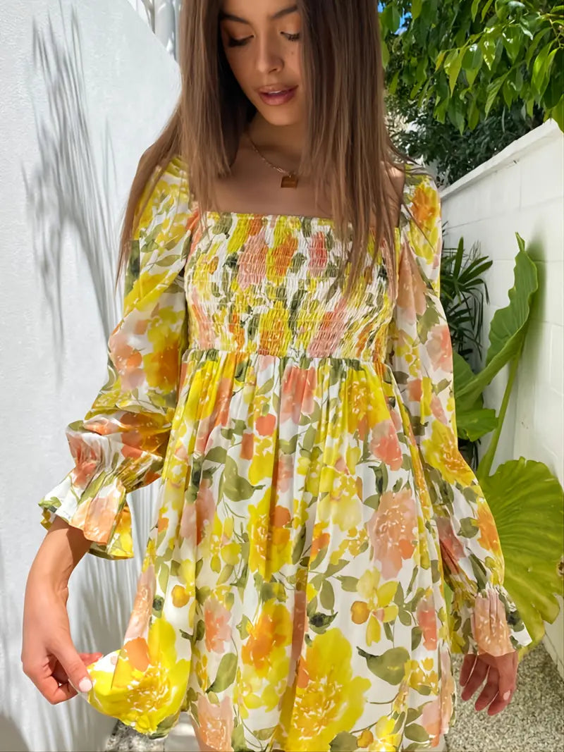 Women's Dresses Casual Square Neck Floral Print Long Sleeve Elastic Fashion Summer Mini Sexy Dress