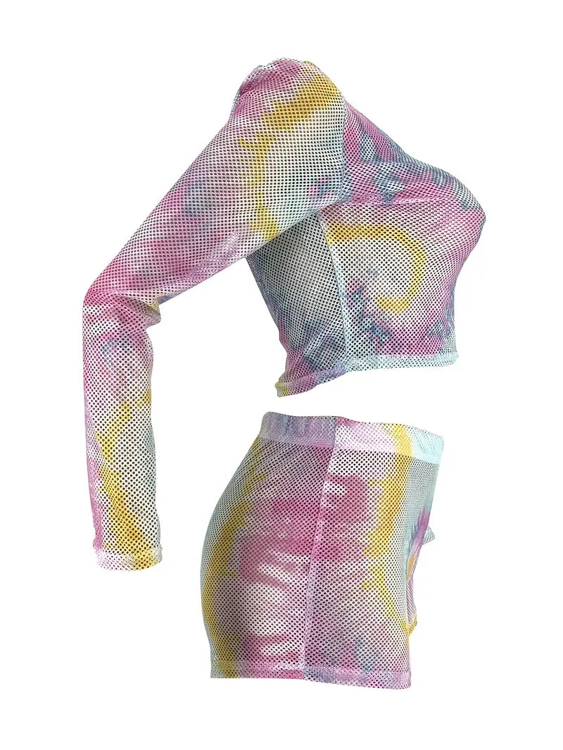 Conjunto de dos piezas de malla Tie Dye, Top corto sexy de manga larga y pantalones cortos de cintura alta, trajes de 2 piezas para primavera y verano, ropa de mujer 