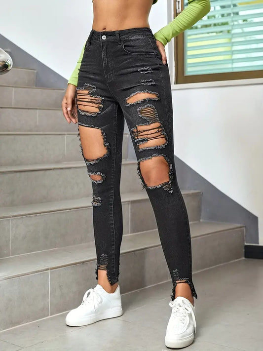 Women's Street Style Ripped & Distressed High Rise Skinny Jeans - Solid Black Frayed Hem & Slash Pockets