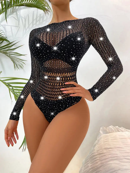 Lencería de rejilla para mujer Body con diamantes de imitación brillantes Espalda abierta Manga larga Talla única 