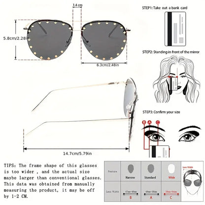 Top Bar Fashion Aviator Sunglasses For Women's Men Oversized Semi Rimless Glasses Rivet Decor Eyewear