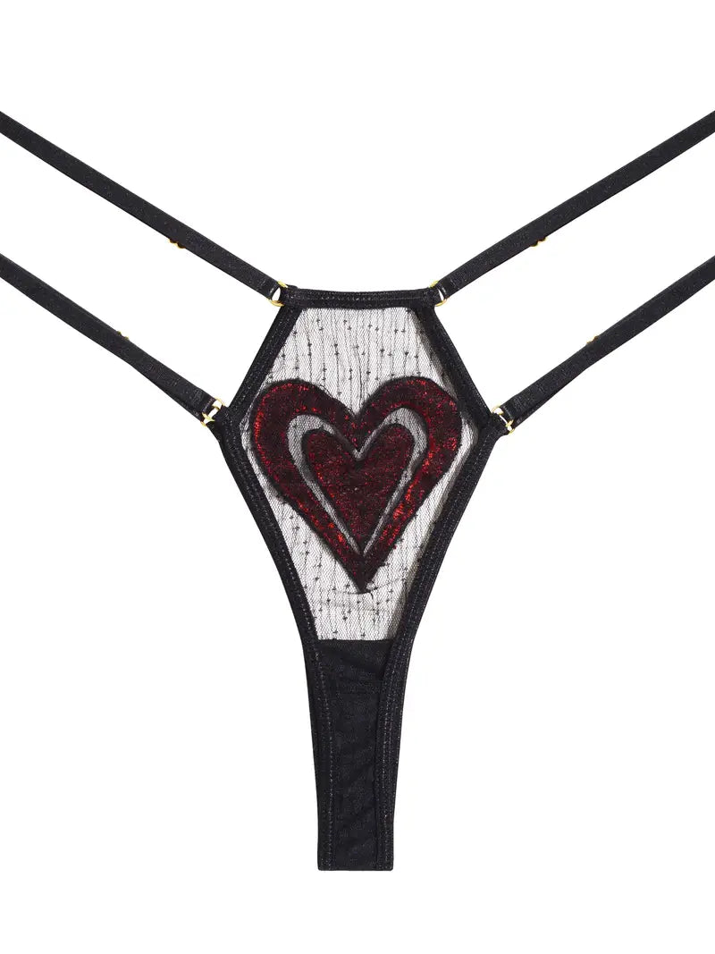 Plus Size Heart Print Contrast Mesh Semi Sheer Metal Strap Bra & Thong Set, Women's Plus Sexy Costumes, Sexy Lingerie