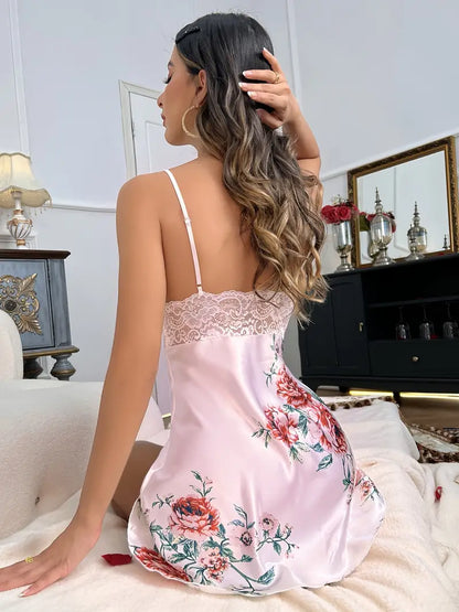 Floral Print Slip Nightdress, Sexy Contrast Lace Deep V Sleeveless Dress, Women's Lingerie & Sleepwear