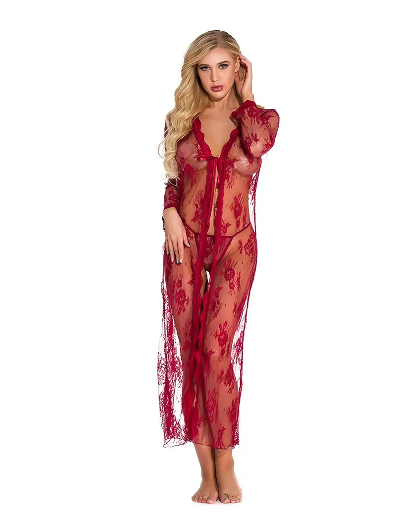 Lingerie For Women Long Lace Front Open Semi-Sheer Mesh Night Robe Sleep Lingerie