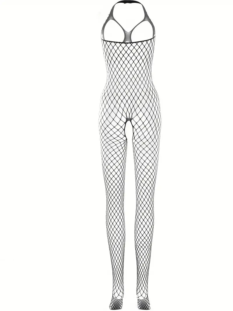 Plus Size Sexy Lingerie Bodystockings, Women's Plus Fishnet Open Cup Crotchless See Through Halter Bodysuit