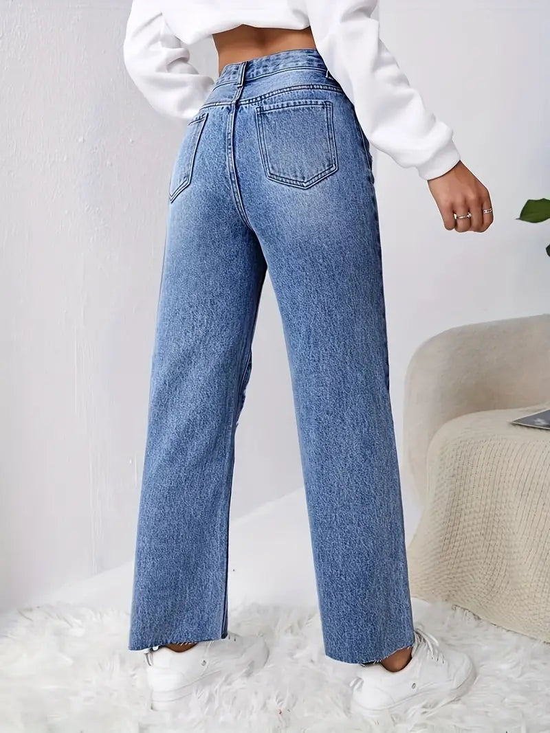 Blue Raw Cut Straight Jeans, Ripped Holes Loose Fit Slant Pockets Denim Pants, Women's Denim Jeans & Clothing