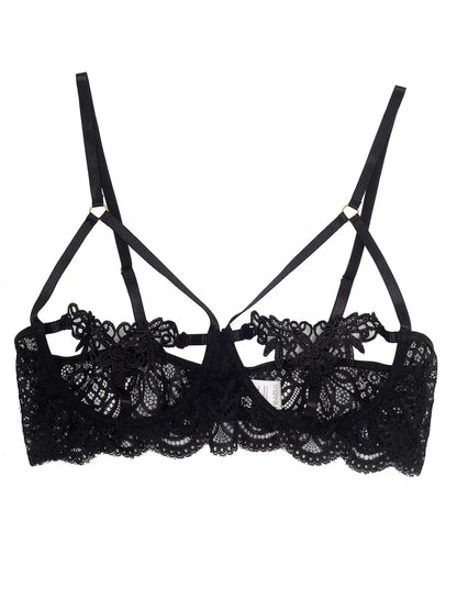 Flaunt Your Curves in This Sexy Plus Size Lingerie Set - Floral Applique Open Cup Lace Bra & Strappy Thong