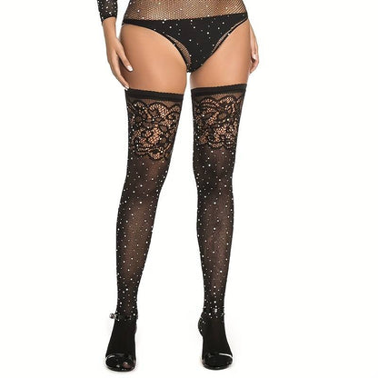 Plus Size Sexy Stockings, Women's Plus Rhinestone Decor Floral Jacquard Fishnet Sparkly Thigh High