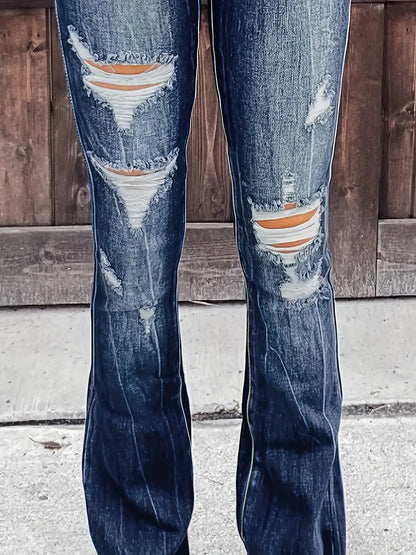 Blue High Waist Ripped Denim Pants, Washed Embossed Crotch Flared Leg Stacked Jeans, Women's Denim Jeans & Clothing