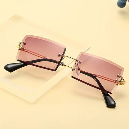 Vintage Rimless Rectangle Sunglasses For Women Tinted Lens Golden Metal Frameless Vintage Square Glasses Protection