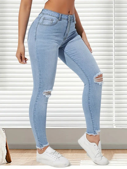 Women's High Rise Ripped Skinny Jeans - Distressed Cut Out Knee & Raw Hem Denim Pants