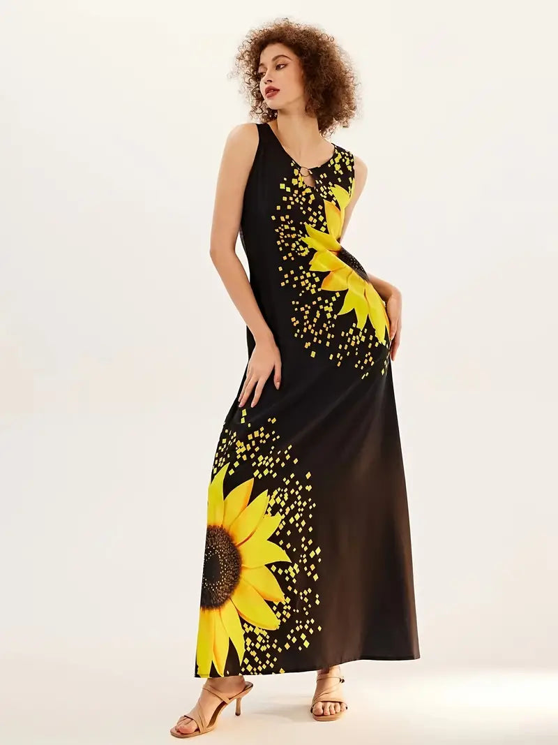 Sunflower Print Keyhole Dress, Casual Crew Neck Sleeveless Maxi Dress With Pocket, Women's Clothing