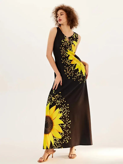 Sunflower Print Keyhole Dress, Casual Crew Neck Sleeveless Maxi Dress With Pocket, Women's Clothing