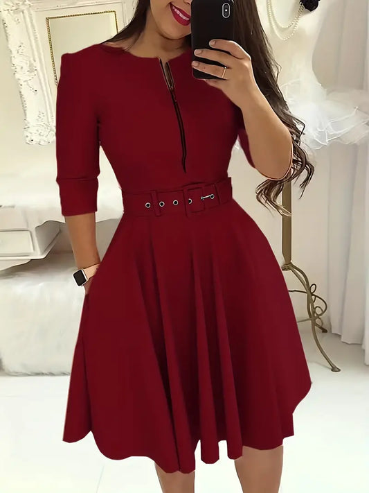 Women's Dresses Solid Crew Neck Zipper Dresses