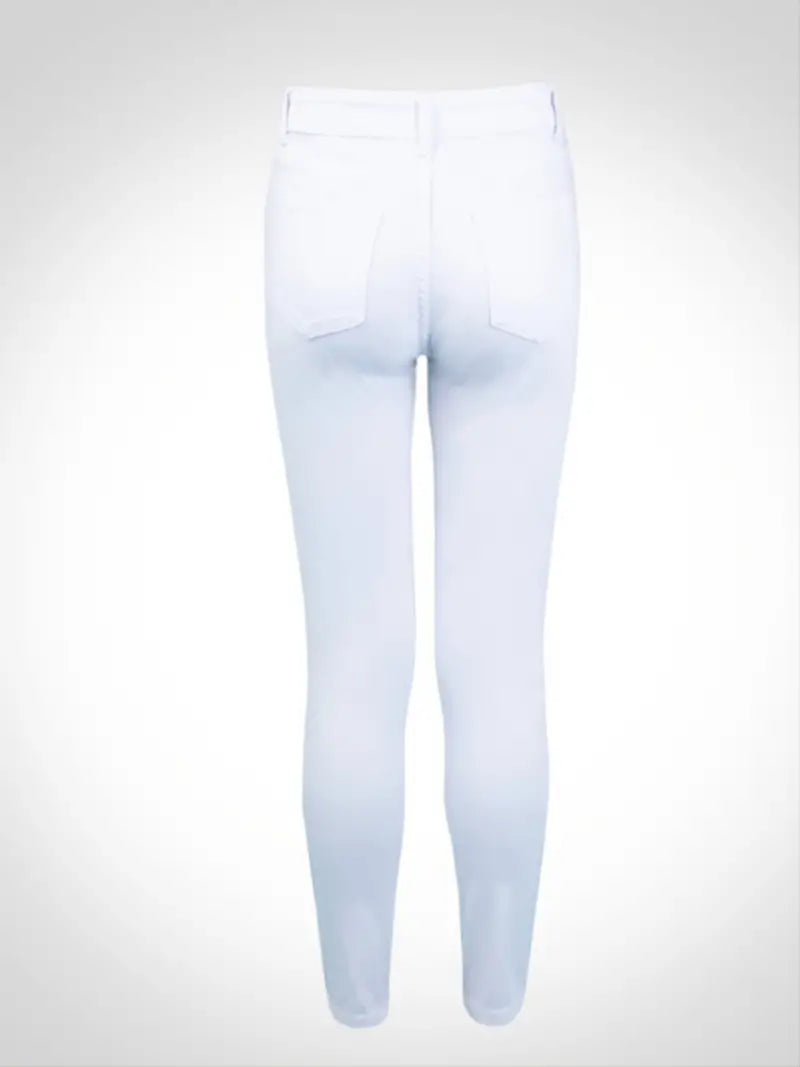 Women's White Cropped Skinny Jeans with Ladder Cut Outs and Ripped Front - Perfect for a High Rise Look!