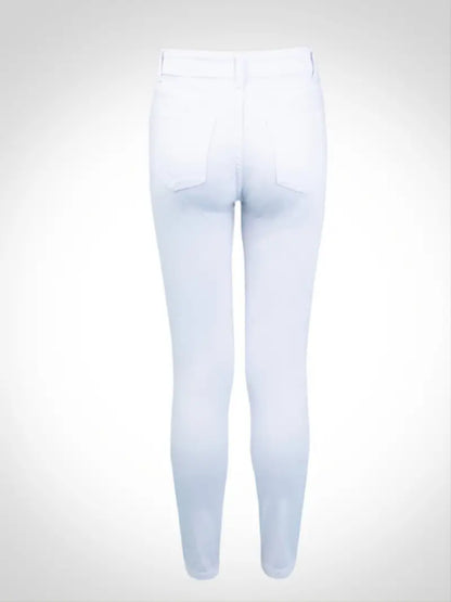 Women's White Cropped Skinny Jeans with Ladder Cut Outs and Ripped Front - Perfect for a High Rise Look!