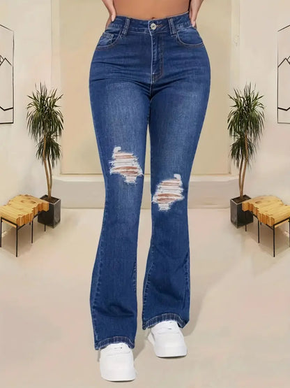 Ripped Stretchy Flare Leg Jeans, High Rise Whiskering Bell Bottoms Denim Pants, Women's Denim Jeans & Clothing