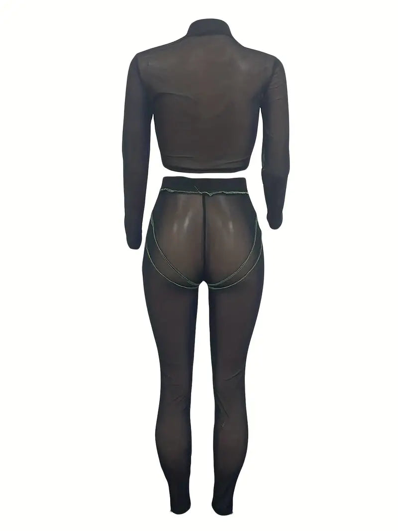 Sexy Semi-Sheer Two-Piece Set: Look Stylish & Feel Comfortable with Mock Neck Long Sleeve Crop Tops & Long Length Leggings Outfits!