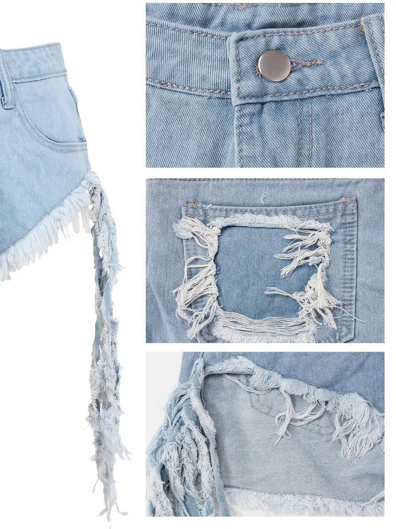 Light Blue Fringe Trim Denim Shorts, Frayed Hem Asymmetrical Mid-Stretch Denim Shorts, Women's Denim Jeans & Clothing