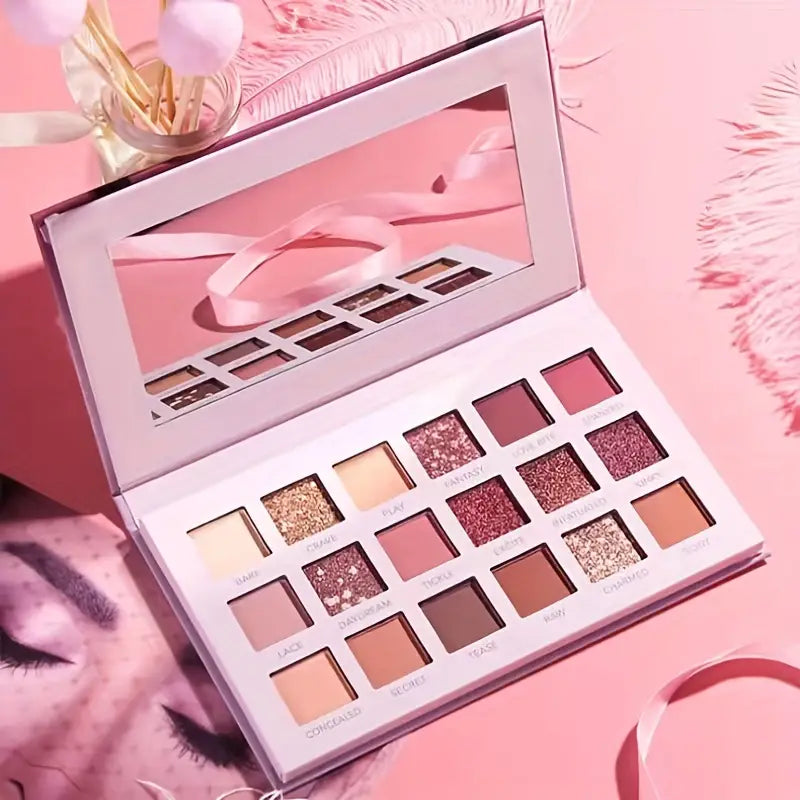 Glamorous Allure of 18 Mix Colors: Gentle Eyeshadow Palette with Golden Pearly Shimmer, Matte, Metal, and Satin Finishes, Sulfate Free, Featuring Pink to Red Shades with Mirror Included