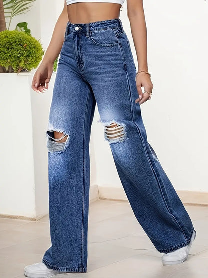 Women's Dark Wash Loose Water Ripple Embossed Wide Leg Jeans - Ripped Knee Cut High Waist Denim Pants