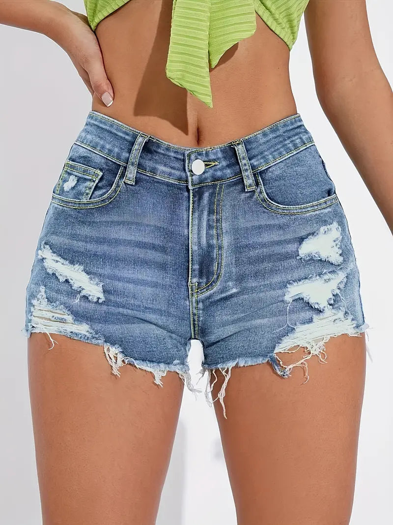 Blue Ripped Holes Denim Shorts, Slim Fit Distressed Slash Pockets Raw Hem Short Denim Pants, Women's Denim Jeans & Clothing