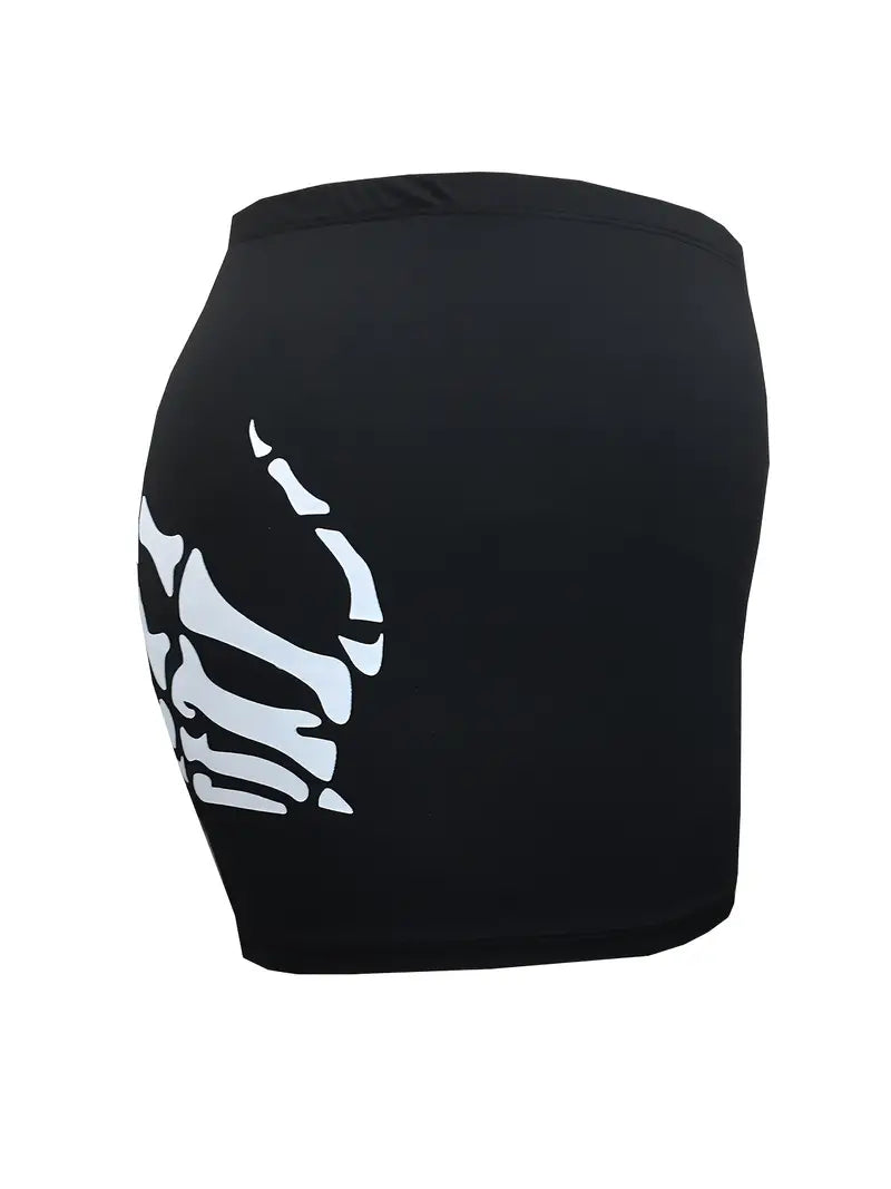 Plus Size Halloween Sports Shorts, Women's Plus Skeleton Print Medium Stretch Running Biker Shorts