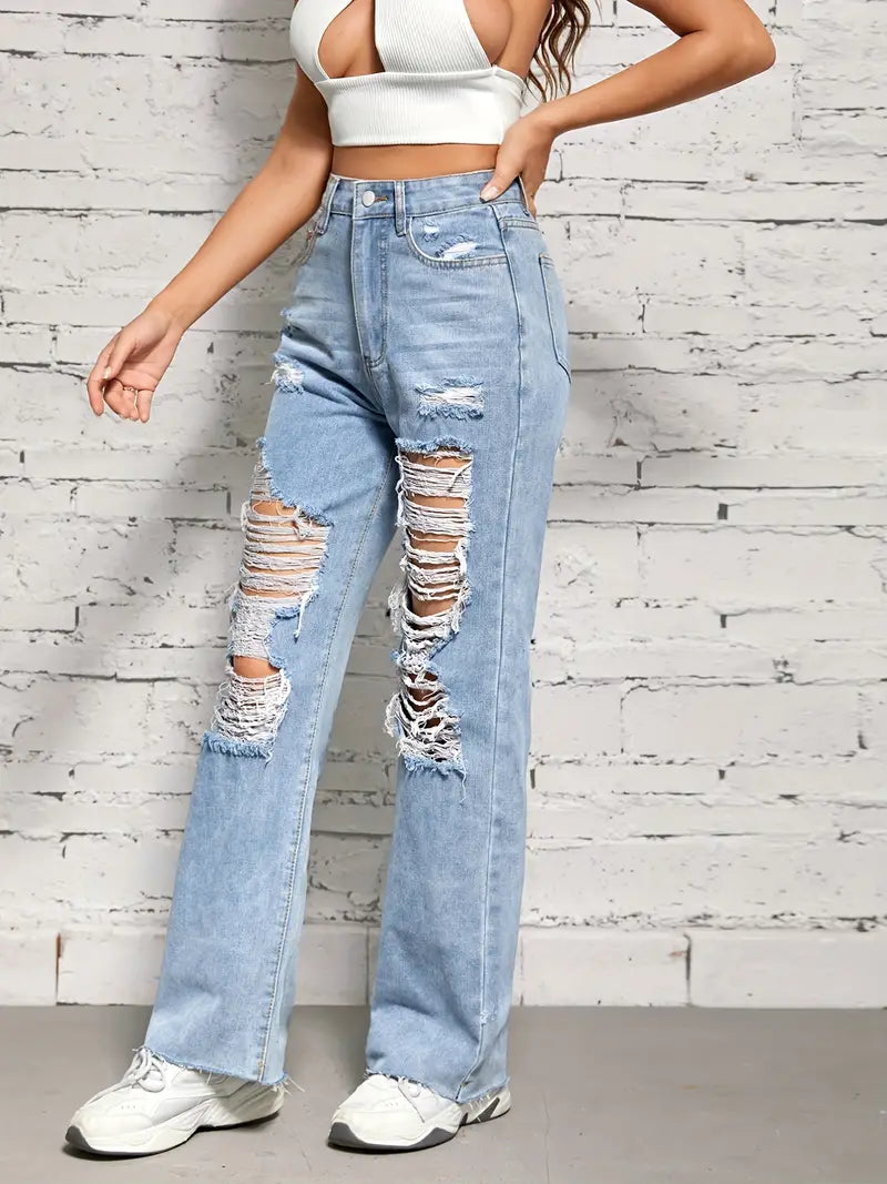 Women's Denim Jeans & Clothing: Blue Raw Hem Straight Jeans with Ripped Holes & High Waist Loose Fit