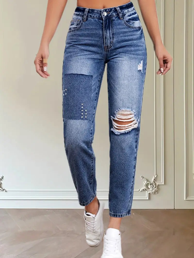 Blue Ripped Holes Straight Jeans, Non-Stretch Slant Pockets Embroidered Decor Tapered Jeans, Women's Denim Jeans & Clothing