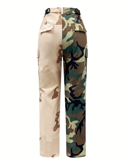 Colorblock Camo Print Pockets Pants, Casual Loose Pants For Spring & Fall, Women's Clothing