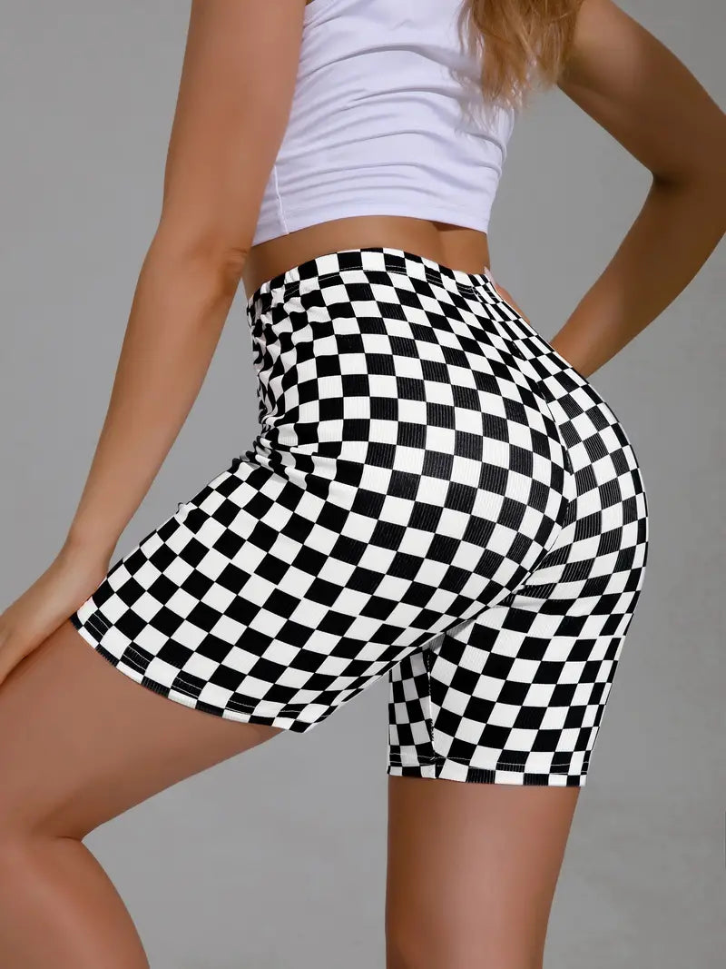 Women's Checkerboard Print Sports Shorts - Perfect for Summer Running and Fitness Activities